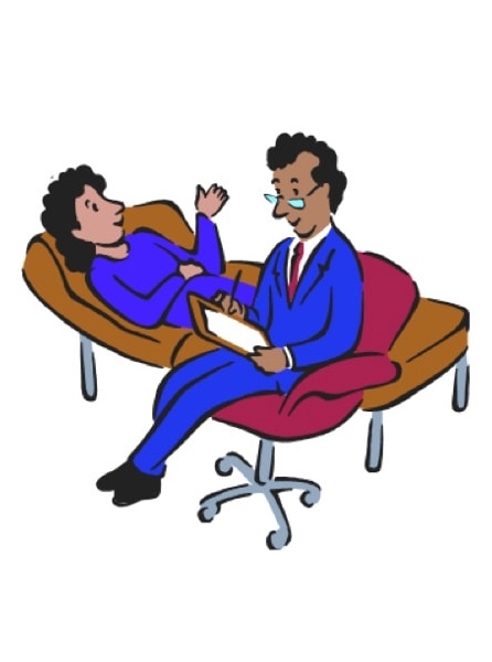 Cartoon of therapist and patient lying on couch